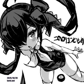 1girl :o ahoge armpit_crease ascot backbeako_(torotei) backbeard blush commentary cowboy_shot dated dated_commentary gegege_no_kitarou greyscale hair_over_one_eye hair_ribbon kono_lolicon_domome long_hair looking_at_viewer monochrome one-piece_swimsuit open_mouth original paid_reward_available pointy_ears ribbon simple_background solo swimsuit thighhighs torotei translated twintails watermark web_address