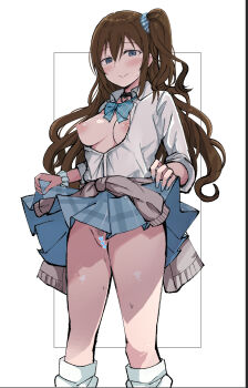 1girl black_choker blue_bow blue_bowtie blue_eyes blue_nails blue_scrunchie blue_skirt blush bow bowtie breasts brown_hair censored choker clothes_around_waist clothes_lift commentary_request feet_out_of_frame female_pubic_hair gyarugasaki hair_ornament hair_scrunchie heart heart_censor heart_choker highres lifting_own_clothes long_hair long_sleeves looking_at_viewer love_live! love_live!_nijigasaki_high_school_idol_club medium_breasts nail_polish nipples no_panties official_alternate_costume one_side_up open_clothes open_shirt osaka_shizuku plaid_clothes plaid_skirt pleated_skirt pubic_hair pussy raised_eyebrows scrunchie shirt skirt skirt_lift smile socks solo standing sweat sweatdrop sweater sweater_around_waist wewe white_background white_shirt white_socks wrist_scrunchie