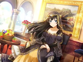 Rule 34 | 1girl, black dress, black hair, black shirt, blue eyes, chair, closed mouth, collarbone, dress, dutch angle, fine art parody, food, frilled dress, frills, fruit, fruit basket, game cg, indoors, kagura hikari, long hair, long sleeves, looking at viewer, mona lisa, official art, painting (object), parody, puffy long sleeves, puffy sleeves, see-through clothes, see-through sleeves, see-through veil, shirt, shirt under dress, shoujo kageki revue starlight, shoujo kageki revue starlight -re live-, sitting, smile, solo, upper body, vase, veil