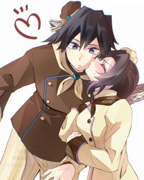 Rule 34 | 1boy, 1girl, arm hug, black hair, blue eyes, blush, breasts, brown jacket, brown neckerchief, butterfly hair ornament, closed eyes, closed mouth, commentary, couple, cowboy shot, hair ornament, heart, height difference, hetero, highres, jacket, kimetsu no yaiba, kiss, kissing cheek, kochou shinobu, long sleeves, medium breasts, neckerchief, official alternate costume, parted bangs, short hair, simple background, tanpopopeach, tomioka giyuu, unamused, watermark, white background, white jacket