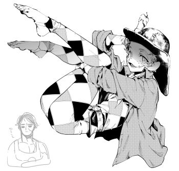 2boys :d arched_soles barefoot belt borrowed_clothes candle cross-shaped_pupils freckles greyscale hand_on_headwear harlequin hat highres identity_v knees_to_chest looking_at_viewer male_focus midair mike_morton monochrome multiple_boys norton_campbell open_mouth oversized_jacket pectoral_cleavage pectorals smile solo_focus star-shaped_pupils star_(symbol) stirrup_legwear stitched_mouth stitches symbol-shaped_pupils toeless_legwear yousuke_(yosk)