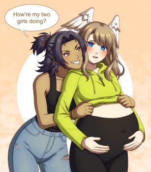 2girls absurdres adricarra ashera_(xenoblade) black_hair black_leggings black_tank_top blue_eyes blush bracelet clothes_lift denim eunie_(xenoblade) green_hoodie grin hands_on_belly hands_on_own_stomach head_on_another&#039;s_shoulder head_wings highres hood hoodie hoodie_lift jeans jewelry leggings light_brown_hair misscherrylle multiple_girls necklace pants ponytail pregnant red_eyes smile tank_top torn_clothes torn_jeans torn_pants white_wings wings xenoblade_chronicles_(series) xenoblade_chronicles_3