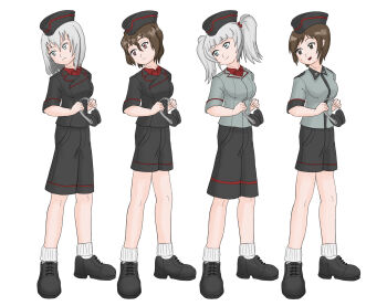 Rule 34 | 1girl, 4girls, adapted costume, akaboshi koume, black hat, black jacket, black skirt, blue eyes, brown hair, garrison cap, girls und panzer, girls und panzer phase erika, grey shirt, hair tie, hat, highres, itsumi erika, jacket, kojima emi, kuromorimine military uniform, kuromorimine school uniform, long hair, miniskirt, multiple girls, orange hair, otakubouzu, red skirt, rou leila, school uniform, shirt, skirt, twintails