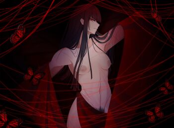 1girl black_background black_hair blunt_bangs blunt_ends breasts bug butterfly female_pubic_hair hashtag-only_commentary highres insect laniake_art limbus_company long_hair medium_breasts navel nipples parted_lips project_moon pubic_hair red_butterfly red_eyes ryoshu_(project_moon) scar solo standing string