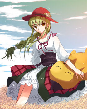 00s 1girl bad_id bad_pixiv_id braid c.c. cheese-kun cloud code_geass day dress female_focus green_hair hat origami paper_crane pizza_hut single_braid solo yakka yellow_eyes