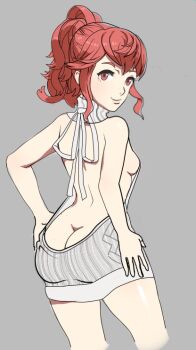 1girl anna_(fire_emblem) ass bare_back breasts butt_crack fire_emblem gluteal_fold hand_on_own_hip looking_at_viewer looking_back nintendo ponytail red_eyes red_hair sideboob simple_background small_breasts solo sunbeam_(artist) virgin_killer_sweater