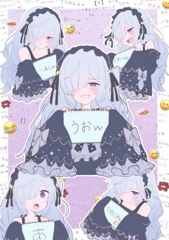 Rule 34 | 1girl, :o, absurdres, anger vein, black ribbon, blue hairband, blush, bow, commentary request, emoji, empty eyes, gothic lolita, hair over one eye, hair ribbon, hairband, highres, holding, holding sign, laughing, lolita fashion, lolita hairband, long hair, long sleeves, looking at viewer, mahjong, mahjong tile, mahou shoujo no majo saiban, meme, multiple expressions, multiple views, natsume an-an, negimasandayo, neta, one side up, outline, polka dot, polka dot bow, pout, purple background, purple eyes, ribbon, sign, sleeves past fingers, sleeves past wrists, spoken www, text background, translation request, upper body, white outline