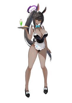 1girl absurdres alternate_costume animal_ears apron bare_legs black_hair black_leotard black_shoes blonde_hair blue_archive blue_bow blue_bowtie blush bow bowtie breasts cleavage commentary_request dark-skinned_female dark_skin food footwear_bow frilled_leotard frills full_body hair_between_eyes halo hand_up high_heels highres holding holding_tray karin_(blue_archive) large_breasts legs leotard long_hair looking_at_viewer maid melon_soda omelet omurice parted_lips paw_print playboy_bunny ponya_0000 ponytail pumps purple_halo rabbit_ears rabbit_girl rabbit_tail shoes solo tail thighs tray unconventional_maid very_long_hair waist_apron yellow_eyes