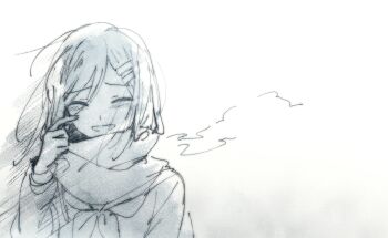 1girl ^_^ aaniko closed_eyes commentary_request enpera facing_viewer greyscale hand_up kagerou_project long_hair long_sleeves monochrome neckerchief negative_space open_mouth sad_smile scarf school_uniform serafuku shirt simple_background sketch solo tateyama_ayano upper_body white_background wiping_face