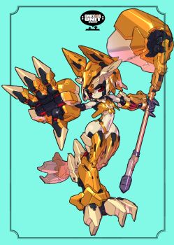 1girl absurdres animal_ears blue_background commentary commission english_commentary fox_ears full_body highres humanoid_robot kenki_fujioka looking_at_viewer mecha_musume mechanization moonlight_flower navel pear-shaped_figure ragnarok_online red_eyes robot robot_girl second-party_source simple_background solo