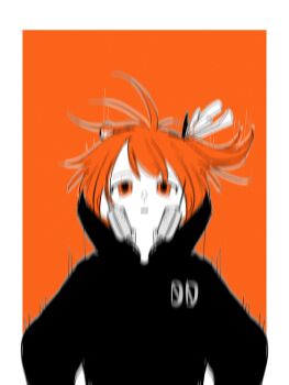 Rule 34 | 1girl, a.i. voice, absurdres, adachi rei, alternate costume, black hoodie, border, commentary request, falling, hair ribbon, headphones, headphones around neck, highres, hood, hood down, hoodie, long sleeves, motion blur, one side up, orange background, orange eyes, orange hair, outside border, ribbon, short hair, simple background, solo, tadano tajima, the hole (utau), upper body, utau, white border, white ribbon