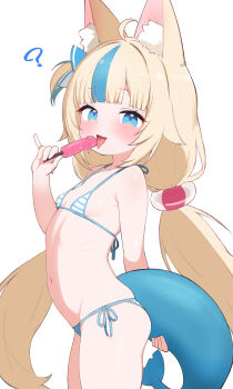 1girl ? absurdres ahoge animal_ear_fluff animal_ears arched_back bare_arms bare_shoulders bikini blonde_hair blue_bikini blue_eyes blunt_bangs blush breasts cat_ears fins fish_tail food from_side highres holding holding_food holding_popsicle indie_virtual_youtuber innertube_hair_ornament kani_bonara loli long_hair low_twintails micro_bikini multicolored_hair navel open_mouth pink_hair pinky_out popsicle sameko_saba side-tie_bikini_bottom small_breasts solo standing streaked_hair string_bikini striped_bikini striped_clothes swimsuit tail tongue tongue_out twintails two-tone_hair very_long_hair virtual_youtuber white_bikini