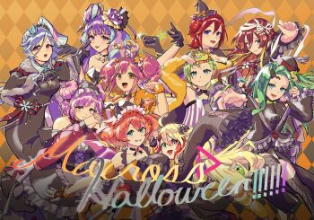 6+girls absurdres bare_shoulders blonde_hair blue_eyes blue_hair bow breasts brown_eyes claw_ring cleavage colored_sclera colored_tips dress freyja_wion frills green_eyes green_hair hair_behind_ear hair_between_eyes hair_bow hair_ornament halloween heart heart_hair_ornament heterochromia highres horns jacket jewelry kaname_buccaneer large_breasts long_hair long_sleeves looking_at_viewer macross macross_delta macross_delta:_zettai_live!!!!!! makina_nakajima medium_breasts mikumo_guynemer multicolored_hair multiple_girls open_hand open_mouth orange_hair pink_hair pink_sclera pointy_ears purple_hair red_eyes red_hair red_sclera reina_prowler shirt short_hair short_side_ponytail short_sleeves single_horn skirt sleeveless smile streaked_hair twintails two-tone_hair utari variable_fighter very_long_hair walkure_(macross_delta) yami_freyja yami_kaname yami_makina yami_q_ray yami_reina yamikumo