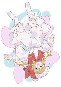 1girl blonde_hair bow bowtie full_body hat hat_ribbon highres lily_white long_hair looking_at_viewer o_(crazyoton46) outstretched_arms red_bow red_bowtie red_ribbon ribbon solo spread_arms touhou upside-down white_background