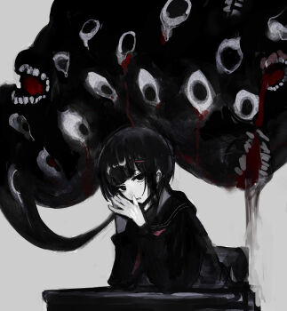 Rule 34 | 1girl, absurdres, black eyes, black sailor collar, black serafuku, black shirt, blood, blunt bangs, chuhaibane, commentary request, desk, dot nose, extra eyes, hair ornament, hairclip, highres, long sleeves, looking at viewer, mole, mole under eye, monster, open mouth, original, own hands together, pale skin, sailor collar, school desk, school uniform, serafuku, shirt, short hair, simple background, solo, steepled fingers, table, too many eyes, upper body, white background