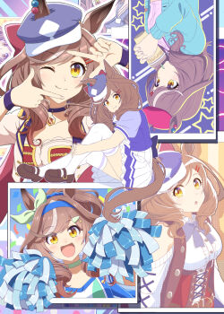 Rule 34 | 1girl, animal ears, aqua cardigan, blue cardigan, blue choker, blue hairband, blue hat, blush, bow, bowtie, breasts, brown hair, cardigan, casual, center frills, cheerleader, choker, closed mouth, clothing cutout, commentary request, corset, crop top, cropped jacket, cup, destino, disposable cup, drinking straw, drinking straw in mouth, ear bow, ears through headwear, frills, genkai made pom pon!!, hair ornament, hairband, hairclip, hat, highres, holding, holding cup, holding pom poms, horse ears, horse girl, horse tail, jacket, long hair, long sleeves, looking at viewer, matikanetannhauser (blue turbulence) (umamusume), matikanetannhauser (casual) (umamusume), matikanetannhauser (panpaka tiltott) (umamusume), matikanetannhauser (umamusume), medium breasts, medium hair, multicolored hair, multiple views, newsboy cap, official alternate costume, open mouth, pendant choker, pink shirt, pleated skirt, pom pom (cheerleading), pom poms, ponytail, puffy short sleeves, puffy sleeves, purple bow, purple bowtie, purple choker, purple shirt, red corset, sailor collar, sailor shirt, school uniform, shirt, short sleeves, shoulder cutout, skirt, smile, sports bra, starting future (umamusume), streaked hair, striped sports bra, tail, thighhighs, tilted headwear, tracen school uniform, umamusume, white jacket, white sailor collar, white shirt, white skirt, white thighhighs, wings, yellow eyes, zettai ryouiki