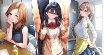 Rule 34 | 3girls, :d, apron, black hair, blue eyes, bottle, bow, bowtie, brown eyes, brown hair, cellphone, chair, desk, dress shirt, elbow rest, green eyes, guitar case, hair ornament, hairclip, hand on own cheek, hand on own face, hinata minami (imouto wa kanojo ni dekinai no ni), imouto wa kanojo ni dekinai no ni, instrument case, jacket, kitchen, long hair, looking at another, mole, mole under mouth, multiple girls, novel illustration, official art, on chair, open clothes, open jacket, open mouth, paneled background, phone, pleated skirt, refrigerator, sakuraba fuyu, sankuro (agoitei), second-party source, shirt, sitting, skirt, sleeveless, sleeveless shirt, smartphone, smile, standing, thighhighs, tsukuyomi akiho, tying apron, zettai ryouiki