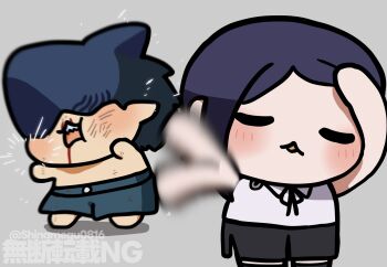 1boy 1girl absurdres adjusting_hair beam_(chainsaw_man) black_choker black_hair blood blood_from_mouth chainsaw_man chibi choker closed_eyes collared_shirt grenade_pin hand_in_own_hair highres meme naoya_hitting_choso_without_looking_(meme) nosebleed open_mouth reze_(chainsaw_man) scene_reference shark_boy shark_head sharp_teeth shinamegu0816 shirt short_hair simple_background smear_frame teeth topless_male white_background white_shirt