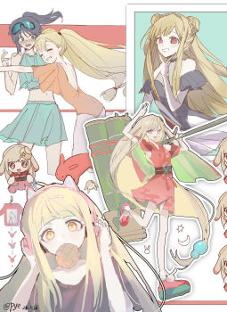 2girls absurdres animal_ear_headphones animal_ears bamboo bikini blonde_hair blue_bikini blush bread cat_ear_headphones cat_ears character_doll chou_kaguya-hime! closed_eyes commentary crescent doll fake_animal_ears food grin hands_up headphones highres holding holding_weapon hug japanese_clothes kaguya_(chou_kaguya-hime!) kimono long_hair looking_at_another looking_at_viewer melon_bread midriff mouth_hold multiple_girls multiple_views nose_blush one-piece_swimsuit open_mouth orange_one-piece_swimsuit over_shoulder ponytail purple_hair pye_yyy rabbit_ears red_eyes sakayori_iroha smile standing swimsuit symbol-only_commentary twintails v very_long_hair weapon weapon_over_shoulder