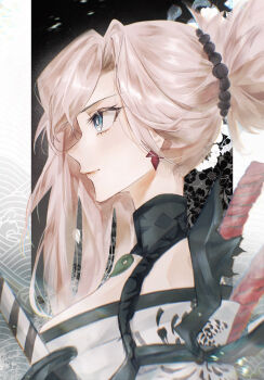 1girl blue_eyes breasts cleavage close-up commentary_request earrings fate/grand_order fate/samurai_remnant fate_(series) highres japanese_clothes jewelry kimono looking_ahead miyamoto_musashi_(fate) miyamoto_musashi_(woman_of_niten_ichiryuu)_(fate) necklace pink_hair ponytail pppeipeipipi smile solo sword weapon white_kimono