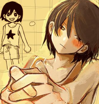 1boy :d absurdres bare_arms bare_shoulders blush bright_pupils brown_eyes brown_hair closed_mouth commentary dark-skinned_male dark_skin doodle_inset double-parted_bangs foreshortening grid_background grid_teeth grin hair_behind_ear hair_between_eyes hair_over_one_eye half-closed_eyes head_tilt hector_(omori) highres interlocked_fingers kel_(faraway)_(omori) kel_(omori) light_frown male_focus omori open_mouth orange_tank_top outline own_hands_together painterly pocket reaching reaching_towards_viewer ribbon-trimmed_shorts ribbon_trim rock short_hair shorts simple_background smile solo star_(symbol) star_print tank_top upper_body v_arms watya_wacha white_pupils white_trim yellow_background yellow_outline