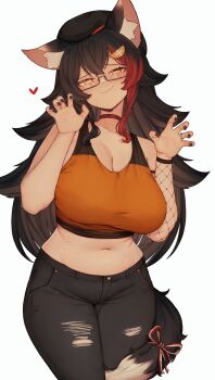 1girl absurdres alternate_costume animal_ear_fluff animal_ears beret black_hair black_hat black_pants breasts choker claw_pose cleavage closed_mouth commentary cowboy_shot crop_top denim detached_sleeves double-parted_bangs english_commentary fishnet_sleeves fishnets flipped_hair hair_between_eyes hair_ornament hairclip hands_up hat heart heart-shaped_pupils highres hololive jeans large_breasts long_hair looking_at_viewer ookami_mio orange_tank_top pants red_choker red_streaks sidelocks simple_background single_detached_sleeve single_sleeve smile solo spiked_hair stomach symbol-shaped_pupils tail tail_around_own_leg tank_top torn_clothes torn_pants varniskarnis very_long_hair virtual_youtuber white_background wolf_ears wolf_girl wolf_tail yellow_eyes