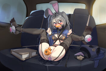 absurdres animal_ears bdsm bit_gag black_bra black_thighhighs blush bondage bound bound_arms bound_legs bra breasts butt_plug car fake_animal_ears gag gagged garter_belt garter_straps grey_hair highres long_hair looking_at_viewer motor_vehicle npcc object_insertion original police police_uniform policewoman purple_eyes pussy_juice rabbit_ears restrained separated_legs sex_toy shibari shibari_over_clothes skindentation small_breasts thighhighs twintails underwear vaginal vaginal_object_insertion vibrator