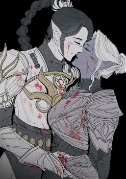 Rule 34 | 2girls, armor, baldur's gate, baldur's gate 3, black background, black hair, blood, blood on clothes, blood on face, boned-woo, braid, braided ponytail, breastplate, closed eyes, commission, dungeons & dragons, dungeons &amp; dragons, elf, from side, gauntlets, hair bun, highres, imminent kiss, long hair, minthara, multiple girls, pauldrons, pointy ears, profile, scar, scar on face, second-party source, shadowheart (baldur's gate), shoulder armor, simple background, single hair bun, upper body, white hair, yuri