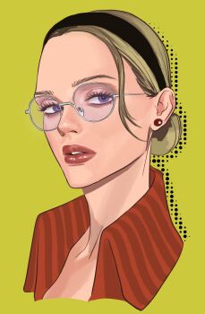 Rule 34 | 1girl, black hairband, blonde hair, collar, commentary, earrings, eyelashes, hair bun, hairband, highres, jewelry, kalifa (one piece), looking at viewer, one piece, parted lips, pearl earrings, popsweetyio, portrait, purple eyes, red lips, simple background, solo, symbol-only commentary