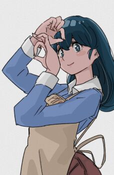 1girl apron blue_eyes blue_hair blush dress highres maison_ikkoku non-web_source otonashi_kyouko poppowerhearts print_apron simple_background solo teasing white_background