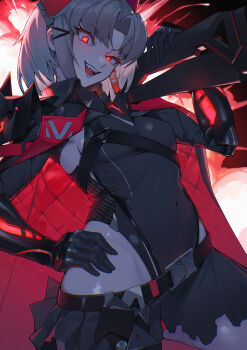 Rule 34 | 1girl, absurdres, belt, black belt, black cape, black gloves, black leotard, black skirt, breasts, buckle, cape, commentary, covered navel, cowboy shot, drake (nikke), elbow gloves, gloves, goddess of victory: nikke, groin, gun, hair ornament, hand on own hip, headgear, highleg, highleg leotard, highres, holding, holding gun, holding weapon, kimkichun, leotard, looking at viewer, medium breasts, official alternate costume, open mouth, over shoulder, parted bangs, red eyes, sharp teeth, short hair, shotgun, sidelocks, skirt, smile, snap-fit buckle, solo, standing, teeth, weapon, weapon over shoulder, white hair