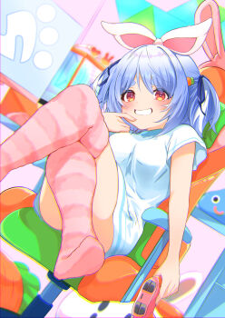 1girl absurdres amaguri_(guri_0330) animal_ears blush bow breasts carrot carrot_hair_ornament chair commentary computer computer_tower controller crossed_legs desk dragon_quest dutch_angle fake_animal_ears food-themed_hair_ornament game_controller gaming_chair grin hair_between_eyes hair_bow hair_ornament hairband hand_on_own_face highres hikimayu holding holding_controller holding_game_controller hololive idol long_shirt looking_at_viewer medium_breasts monitor office_chair on_chair orange_eyes parted_lips pekomon_(usada_pekora) pink_thighhighs rabbit-shaped_pupils rabbit_ears raised_eyebrows shirt short_hair sitting slime_(dragon_quest) smile solo striped_clothes striped_thighhighs stuffed_carrot sunglasses swivel_chair symbol-shaped_pupils t-shirt thighhighs two_side_up usada_pekora virtual_youtuber white_hairband white_shirt