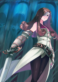1girl armor beatrix belt black_pantyhose brown_eyes brown_hair commentary dress drill_hair elbow_gloves english_commentary eyepatch final_fantasy final_fantasy_ix fingerless_gloves gauntlets gloves highres holding holding_sword holding_weapon indoors kagematsuri leotard light_frown lips long_hair looking_at_viewer pantyhose parted_lips red_eyes save_the_queen sleeveless sleeveless_dress standing sword weapon white_dress white_leotard