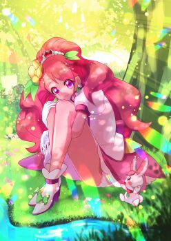 1girl absurdres closed_mouth commentary_request cure_grace earrings flower healin'_good_precure highres jewelry long_hair magical_girl omega_takai pink_eyes pink_hair ponytail precure puffy_short_sleeves puffy_sleeves rabbit rabirin_(precure) river shirt shoes shore short_sleeves sitting solo tree under_tree very_long_hair white_shirt white_shoes yellow_flower