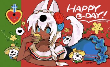 Rule 34 | 1girl, :o, animal ears, birthday, blue eyes, blue skirt, blush, borrowed character, braid, breasts, cleavage, commentary, dark-skinned female, dark skin, dated, dog ears, dog girl, dog tail, dress, english commentary, flower, food, frilled dress, frills, gift art, happy birthday, hat, heart, highres, holding, holding food, indie virtual youtuber, instrument, long hair, looking at viewer, lying, maracas, medium breasts, mexican clothes, mexican dress, on stomach, open mouth, roby (lapithai), rose, side braid, single braid, skirt, solo, sombrero, soreeyu (sore-yu), taco, tail, virtual youtuber, white hair