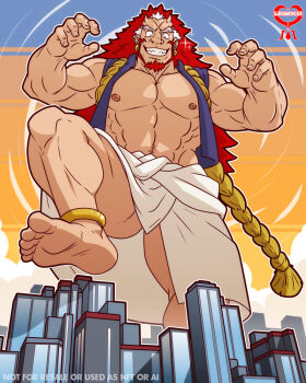 1boy anklet bara bare_pectorals barefoot beard building commentary earrings english_commentary facial_hair giant giant_male grin jewelry large_pectorals leomon32 long_hair male_focus migi_(yomi_no_tsugai) multicolored_hair muscular muscular_male navel_hair nipples pectorals red_hair sharp_teeth small_horns smile solo teeth two-tone_hair yomi_no_tsugai