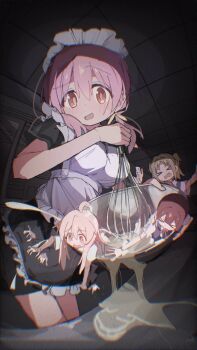 &gt;_&lt; 2mai84 4girls :d afterimage ahoge alternate_costume apron bare_arms bowl breasts brown_eyes brown_hair ceiling enmaided fisheye flailing frilled_apron frilled_skirt frills hair_between_eyes highres hozuki_momiji in_bowl in_container indoors large_breasts long_hair low_twintails maid maid_apron maid_headdress mini_person minigirl multiple_girls murosaki_miyo oka_asahi onii-chan_wa_oshimai! open_mouth oyama_mahiro pink_hair skirt smile spilling tile_ceiling tiles twintails whisk