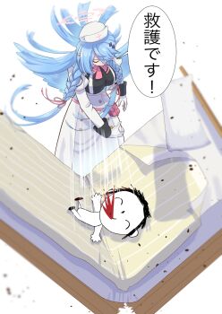 1boy 1girl bed blood blue_archive blue_hair braid breasts broken_bed_frame broken_furniture closed_eyes coughing coughing_blood doodle_sensei_(blue_archive) dress floating_hair halo hat highres large_breasts long_hair mine_(blue_archive) no_wings nurse_cap pillow pointy_ears rokkii_(pixiv77873722) sensei_(blue_archive) throwing throwing_person translated twin_braids white_dress