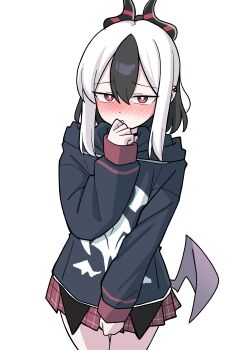 1girl absurdres arrow_(symbol) black_hair black_horns blue_archive blush bright_pupils covering_crotch covering_own_mouth covering_privates cowboy_shot embarrassed hair_between_eyes highres horns kayoko_(blue_archive) multicolored_hair nyanzai-sensei pleated_skirt purple_wings red_eyes red_skirt single_wing skirt sleeves_past_wrists solo textless_version two-tone_hair white_background white_hair white_pupils wings