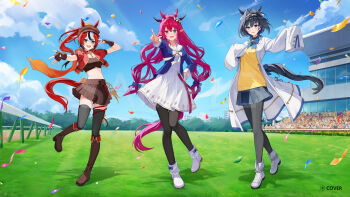 3girls agnes_tachyon_(tach-nology)_(umamusume) agnes_tachyon_(umamusume) agnes_tachyon_(umamusume)_(cosplay) ahoge animal_ears aqua_eyes belt black_hairband black_horns black_pantyhose black_streaks black_thighhighs blue_bow blue_bowtie blue_eyes blue_gemstone blue_hair blue_jacket blue_shirt blue_skirt blue_sky blue_tail blurry blurry_background boots bow bow_earrings bow_hairband bowtie brooch brown_boots brown_dress brown_gloves choppy_bangs cloud coat collar colored_tips commentary_request confetti cosplay cropped_jacket crossed_bangs crowd doll_hair_ornament double-parted_bangs dress ear_ornament earrings ears_through_headwear extra_ears fangs fingerless_gloves flat_cap floating_hair fold-over_boots full_body gem gloves grass grass_wonder_(stone-piercing_blue)_(umamusume) grass_wonder_(umamusume) grass_wonder_(umamusume)_(cosplay) hair_between_eyes hair_intakes hairband hakos_baelz hand_on_own_hip hat head_chain heterochromia highres hololive hololive_english holopromise horns horse_ears horse_girl horse_tail hourglass irys_(hololive) jacket jewelry key key_necklace knee_boots l_hand lab_coat lapels long_hair long_sleeves looking_at_viewer miyanami_3 multicolored_eyes multicolored_hair multiple_girls necklace notched_lapels official_art open_hand open_mouth ouro_kronii outstretched_arms pantyhose parted_lips pink_belt pink_gemstone pink_hair pleated_skirt pointy_ears ponytail purple_eyes red_jacket red_streaks sailor_collar scrunchie sharp_teeth shirt short-sleeved_jacket short_hair short_sleeves skirt sky sleeves_past_fingers sleeves_past_wrists spiked_collar spikes spread_fingers stadium star-shaped_pupils star_(symbol) sweater symbol-shaped_pupils tail tail_bow tail_ornament teeth thighhighs tokai_teio_(beyond_the_horizon)_(umamusume) tokai_teio_(umamusume) tokai_teio_(umamusume)_(cosplay) umamusume v very_long_hair virtual_youtuber white_boots white_bow white_bowtie white_coat white_dress white_sailor_collar white_streaks wing_collar wolf_cut yellow_scrunchie yellow_sweater yellow_trim