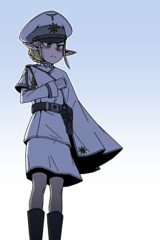 1girl black_boots blonde_hair boots braid bun_with_braided_base cape commission elf gloves gradient_background green_eyes hair_bun hat highres karepack military_uniform original pointy_ears sidelocks solo white_background white_cape white_gloves white_hat