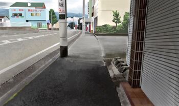 building commentary_request harusa1107 house no_humans original painting_(medium) road scenery shop sidewalk sliding_doors town traditional_media tree utility_pole