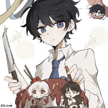 1girl 3boys :d afterimage akinashi_haru akinashi_natsuki black_hair blackseek blue_necktie blush bound bright_pupils cake candle chinese_commentary circle_hands closed_mouth commentary_request dress_shirt flapping food frown gloom_(expression) hiding highres holding holding_candle holding_knife knife looking_at_another looking_at_viewer mini_person miniboy minigirl multiple_boys necktie nervous_smile nervous_sweating open_mouth saihate_eki scared shirt short_hair smile sweat tatsunami_shion tenjiku_aoi tied_up_(nonsexual) unlit_candle white_pupils white_shirt