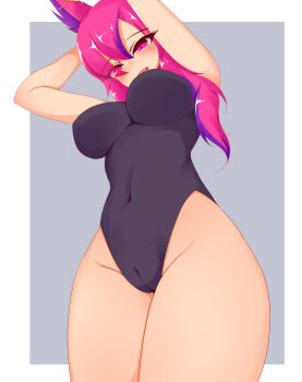 1girl animal_ears armpits ayatori_(aytr) bare_hips black_leotard border breasts cameltoe covered_navel cowboy_shot eyelashes fang female_focus grey_background highleg highleg_leotard highres large_breasts league_of_legends leotard long_hair looking_at_viewer looking_down low_ponytail matching_hair/eyes multicolored_hair naughty_face open_mouth pink_eyes pink_hair ponytail purple_hair side_ponytail simple_background smile solo standing star_guardian_(league_of_legends) star_guardian_xayah streaked_hair two-tone_hair variant_set vastaya white_border wide_hips xayah