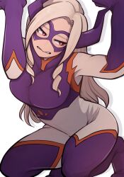 Rule 34 | 1girl, artist name, blonde hair, bodysuit, boku no hero academia, breasts, colorized, domino mask, highres, horns, long hair, mask, mount lady, multicolored bodysuit, multicolored clothes, purple horns, red eyes, solo, thighs, ureazure, white background
