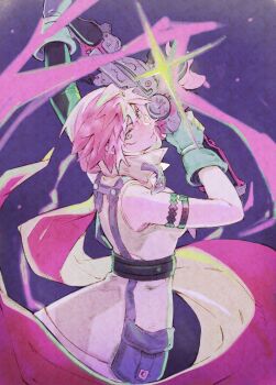 1girl absurdres aqua_eyes armlet asymmetrical_gloves bare_shoulders breasts cape elbow_gloves final_fantasy final_fantasy_xiii fingerless_gloves gloves gunblade hair_between_eyes highres holding holding_weapon jewelry lightning_farron looking_at_viewer medium_breasts mmariesr pink_hair popped_collar red_cape single_elbow_glove solo upper_body veil weapon white_veil