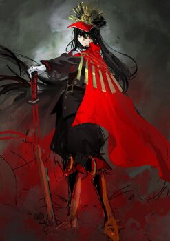 1girl black_hair black_jacket black_pants cape closed_mouth commentary english_commentary fate/grand_order fate_(series) highres holding holding_sword holding_weapon jacket long_hair looking_at_viewer oda_nobunaga_(fate) oda_nobunaga_(koha-ace) oda_uri pants red_cape red_eyes rong301718 smile solo sword weapon