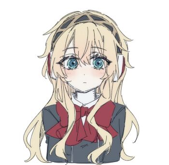 1girl aigis_(persona) alternate_hair_length alternate_hairstyle android aqua_eyes black_jacket blonde_hair blush bow commentary cropped_torso double-parted_bangs english_commentary gekkoukan_high_school_uniform gold_hairband hairband jacket light_frown looking_at_viewer persona persona_3 red_bow robot_ears sakizome school_uniform simple_background solo tachi-e white_background