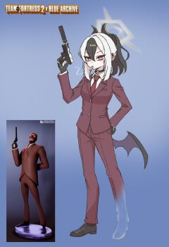 1girl ayo5108 balaclava black_hair blue_archive choker demon_horns formal_clothes gloves gun h&amp;k_p30 halo handgun highres holding holding_gun holding_weapon horns kayoko_(blue_archive) mask multicolored_hair necktie red_eyes reference_inset revolver smoking solo spy_(tf2) suit suppressor team_fortress_2 two-tone_hair weapon white_hair