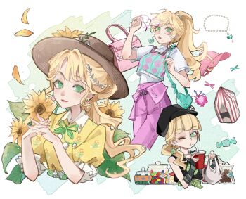 Rule 34 | 1girl, aqua bag, arm warmers, bag, baseball cap, belt, black arm warmers, black belt, black hat, black shirt, blonde hair, blunt bangs, bright pupils, brown hat, buckle, candy, candy jar, character request, closed mouth, collared shirt, copyright request, drinking, earrings, falling petals, floral print shirt, flower, food, frilled sleeves, frills, green belt, green eyes, hair ornament, hand up, hat, hat flower, heart, heart-shaped bag, heart-shaped buckle, heart earrings, high ponytail, highres, holding, holding removed eyewear, interlocked fingers, jar, jewelry, leaf hair ornament, long hair, looking at viewer, multiple views, necklace, one eye closed, open mouth, own hands together, pants, petals, pink hat, pink pants, plastic bag, ponytail, puffy short sleeves, puffy sleeves, shi lingyang ya, shirt, short sleeves, shoulder bag, sleeveless, sleeveless shirt, smile, sun hat, sunflower, sweater vest, swept bangs, turtleneck, turtleneck shirt, unworn eyewear, unworn jewelry, unworn necklace, white pupils, white shirt, yellow flower, yellow petals, yellow shirt